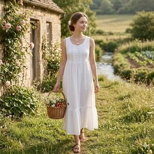 Shabby Chic Prairie Peasant Cottage White Swiss Dot Embroidered Maxi Dress Sz S